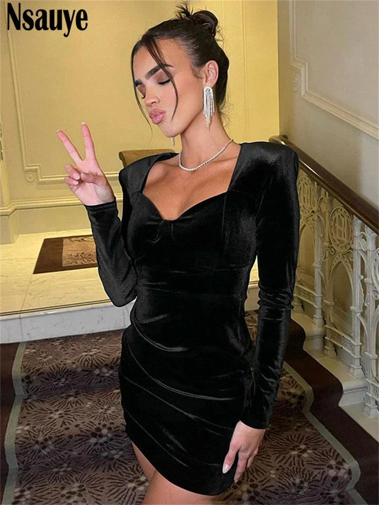 Nsauye New Fashion Women Velvet Elegant Mini Sexy Club Dress Evening Birthday Holiday Long Sleeve Party High Waisted Dress 2024 black
