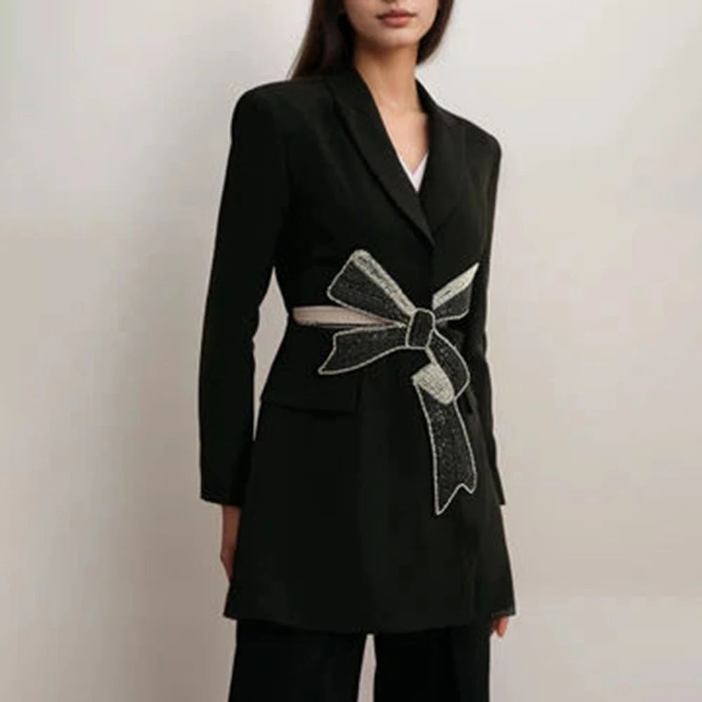 Solid Hollow Out Spliced Bow Fashion Jackets for Women Lapel Long Sleeves Patchwork Button Jacket Female Clothing