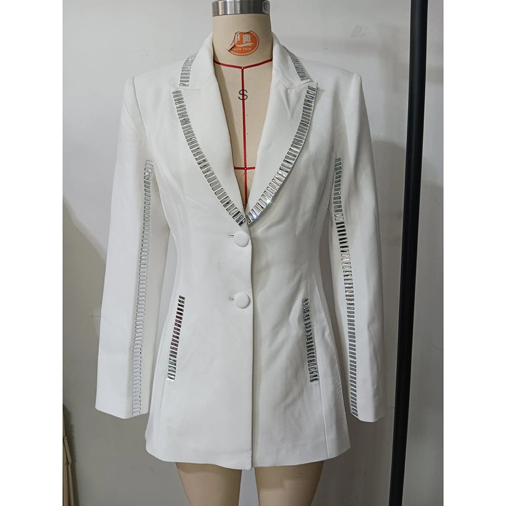 Solid Slimming Spliced Hot Fix Jackets for Women Lapel Long Sleeves Patchwork Single Breasted Jacket Female Clothes