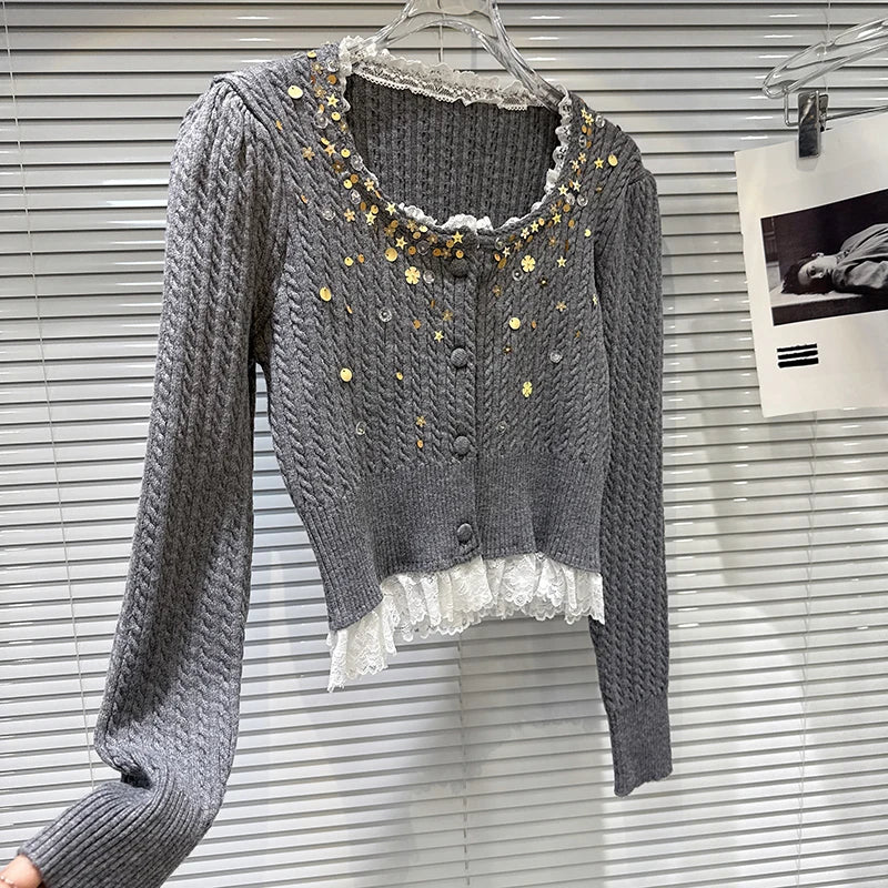 Winter New Fashion Lace Patchwork 3D Sequin Embroidery Knitted Cardigan For Women Elegant Short Sweater 11A07846