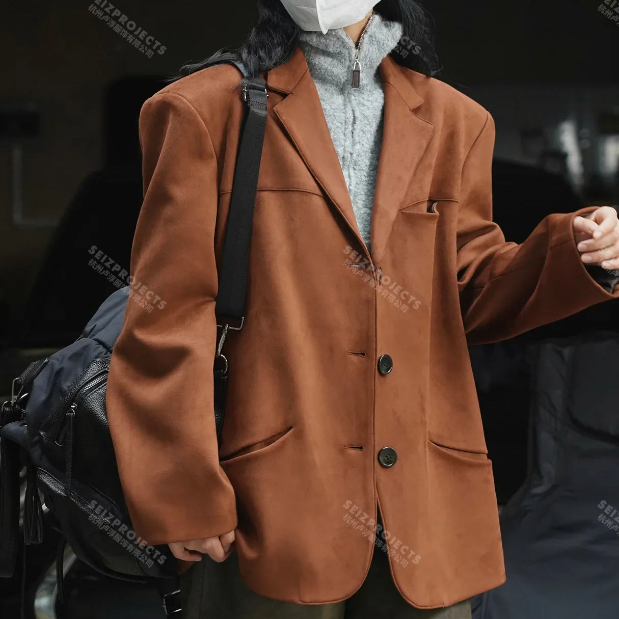 Winter Curved Pocket Oversized Blazer Suede Jacket Brown Green Loose Straight Coat For Women