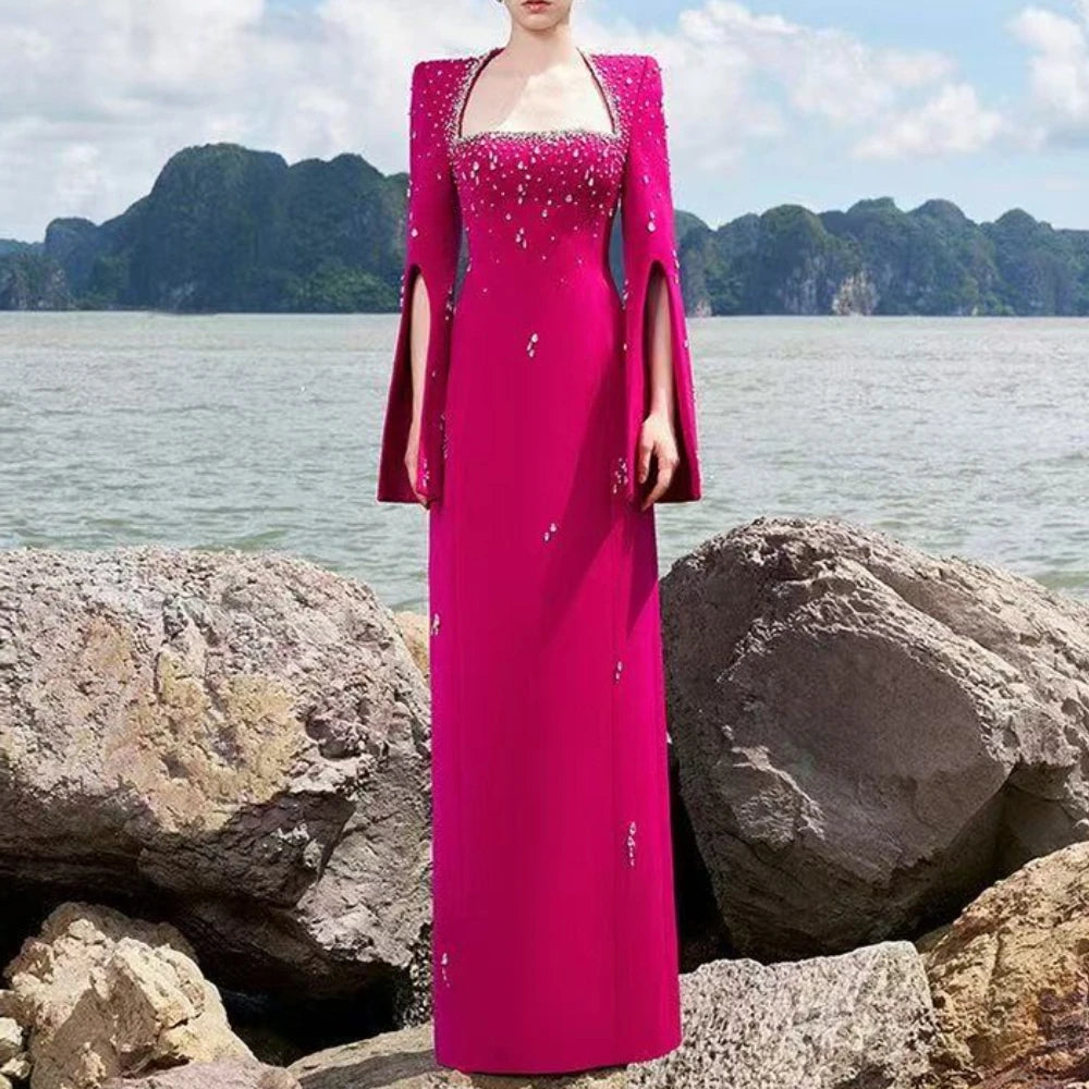 Solid Slimming Spliced Bead Luxurious Dresses for Women Square Neck Long Sleeves Patchwork Split Dress Femlae New