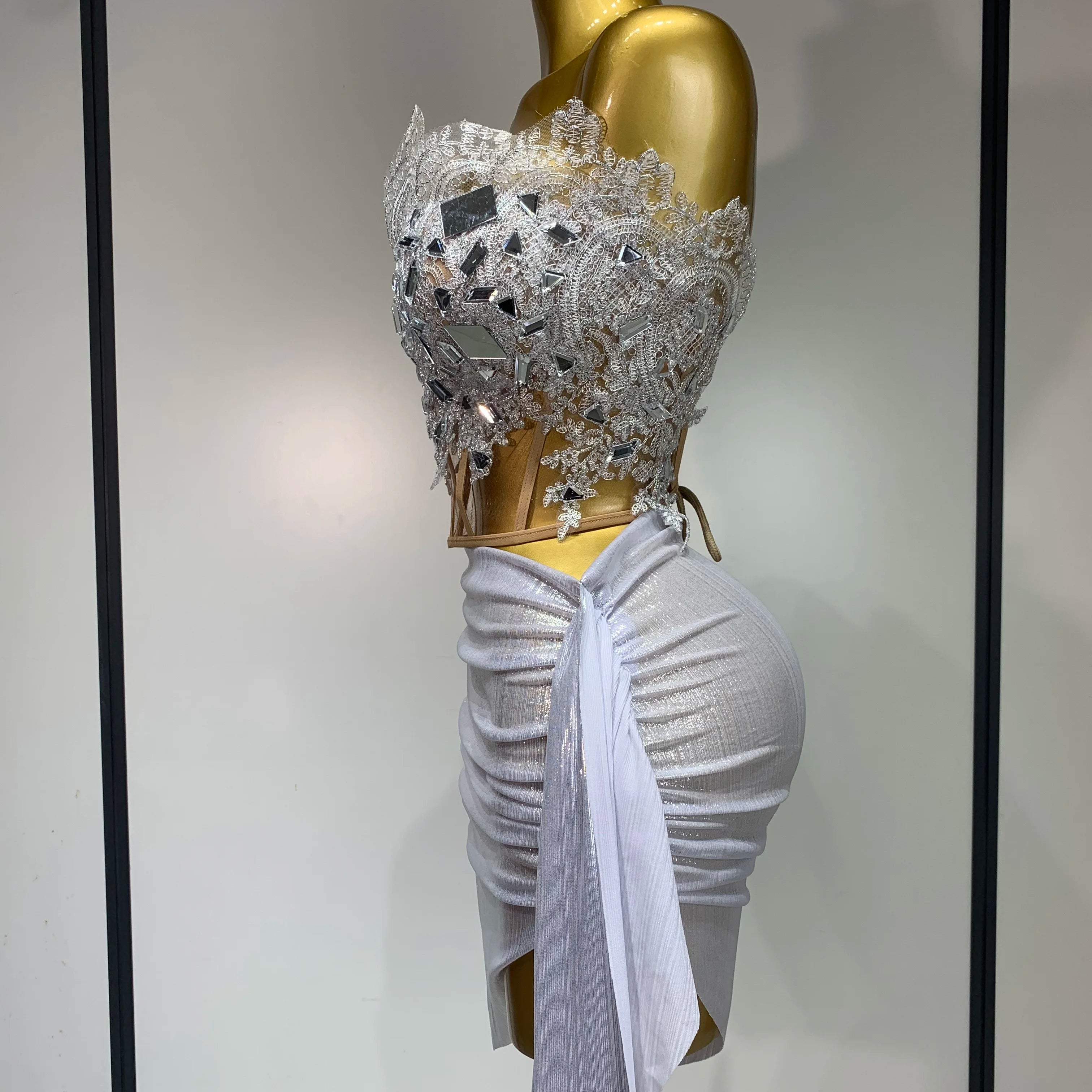 Newest 2025 Sparkly Blue Crystals Sequins Sexy Strapless Short Dress for Women Party Birthday Nightclub Singer Dancer Stage Wear