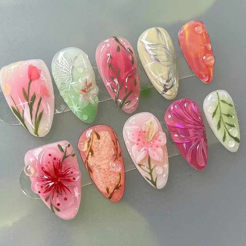 24pcs Sweet Cool Press on Nails with Red Flower Print Y2k False Nails for Girl Wearable Detachable French Almond Fake Nail Tips 5