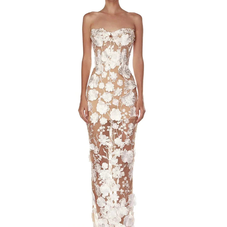 Sexy Strapless Embroidery Flower Long Dress Women Sleeveless Structured Floral Slim Elegant Party Cocktail Evening Gowns