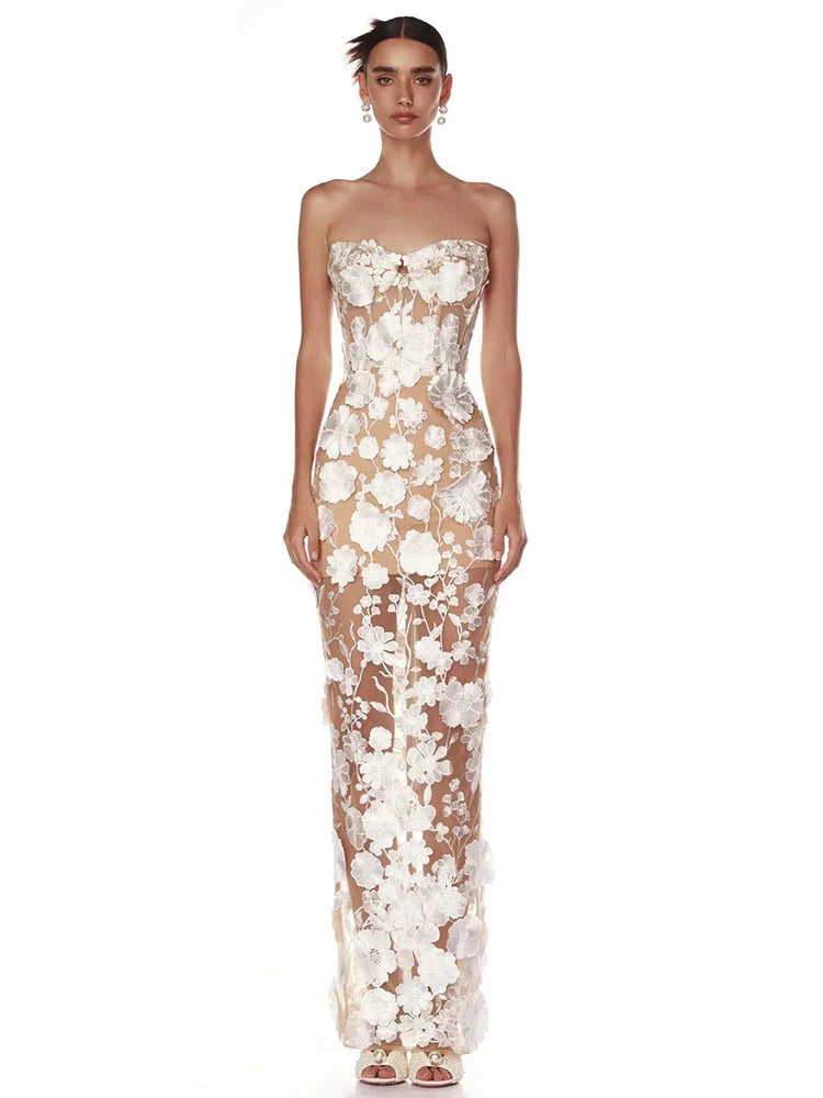 Sexy Strapless Embroidery Flower Long Dress Women Sleeveless Structured Floral Slim Elegant Party Cocktail Evening Gowns