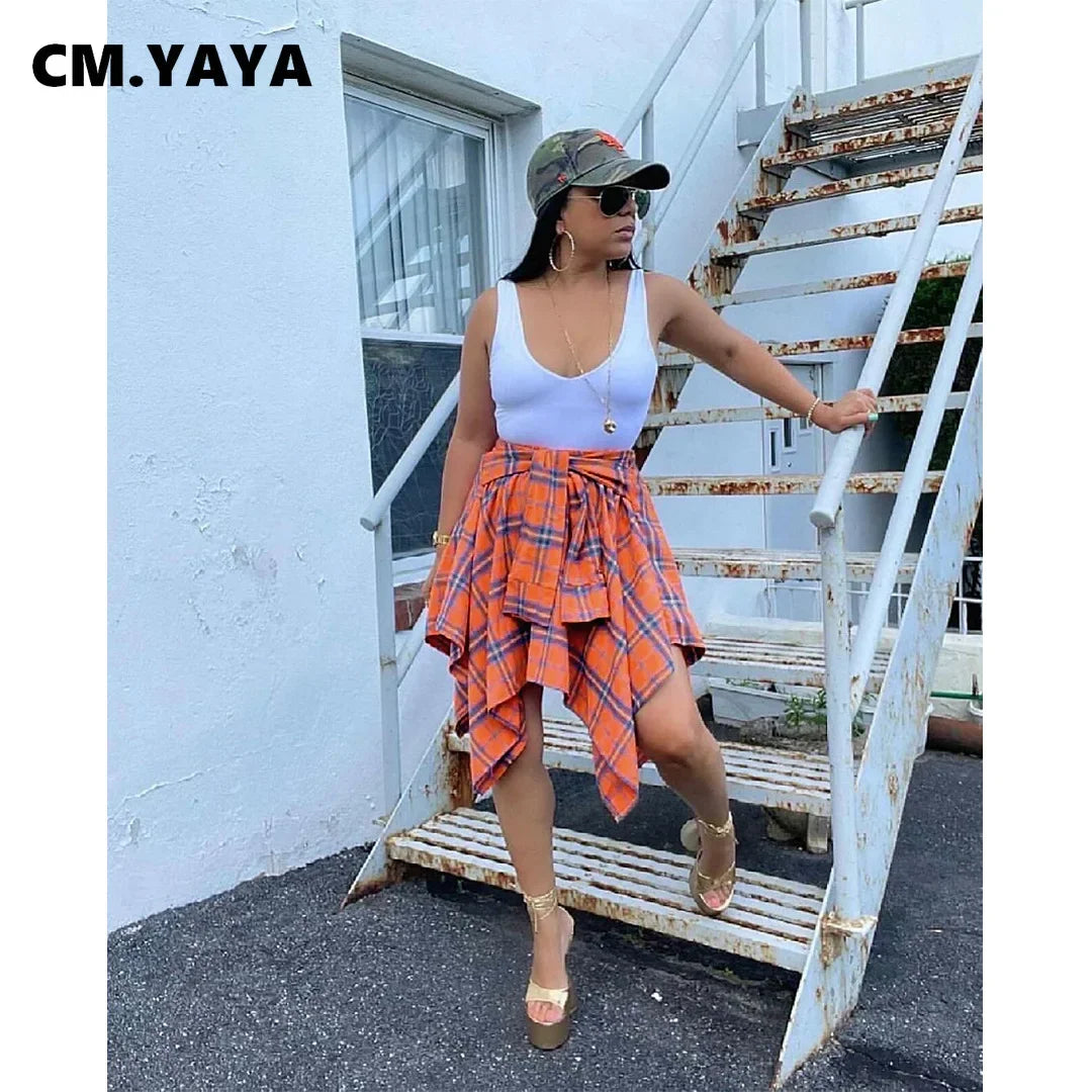 CM.YAYA Women Plaid Irregular High Waist Knee Length Skirts 2022 Summer Holiday Streetwear Sleeve Wrapped Lace Up Waist Skirt