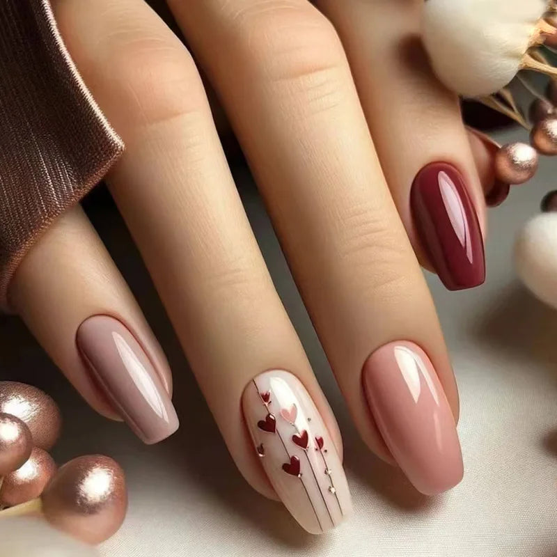 24Pcs Fashion Fake Nails Press on Long Ballet False Nails Art with Flower Design Brown Detachable Full Cover Nail Tips Manicure 1702