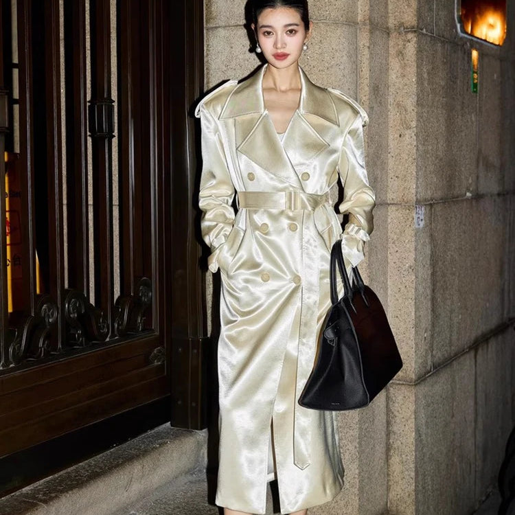 Lautaro Spring Autumn Long Shiny Flowy Soft Satin Trench Coat for Women Belt Double Breasted Elegant Luxury Designer Closthes pearl color