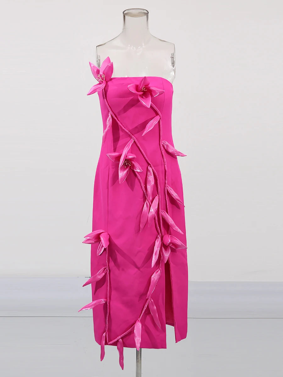 Solid Slimming Spliced Appliques Elegant Dresses for Women Srtapless Sleeveless Split Dress Femlae Fashion Clothing ROSE