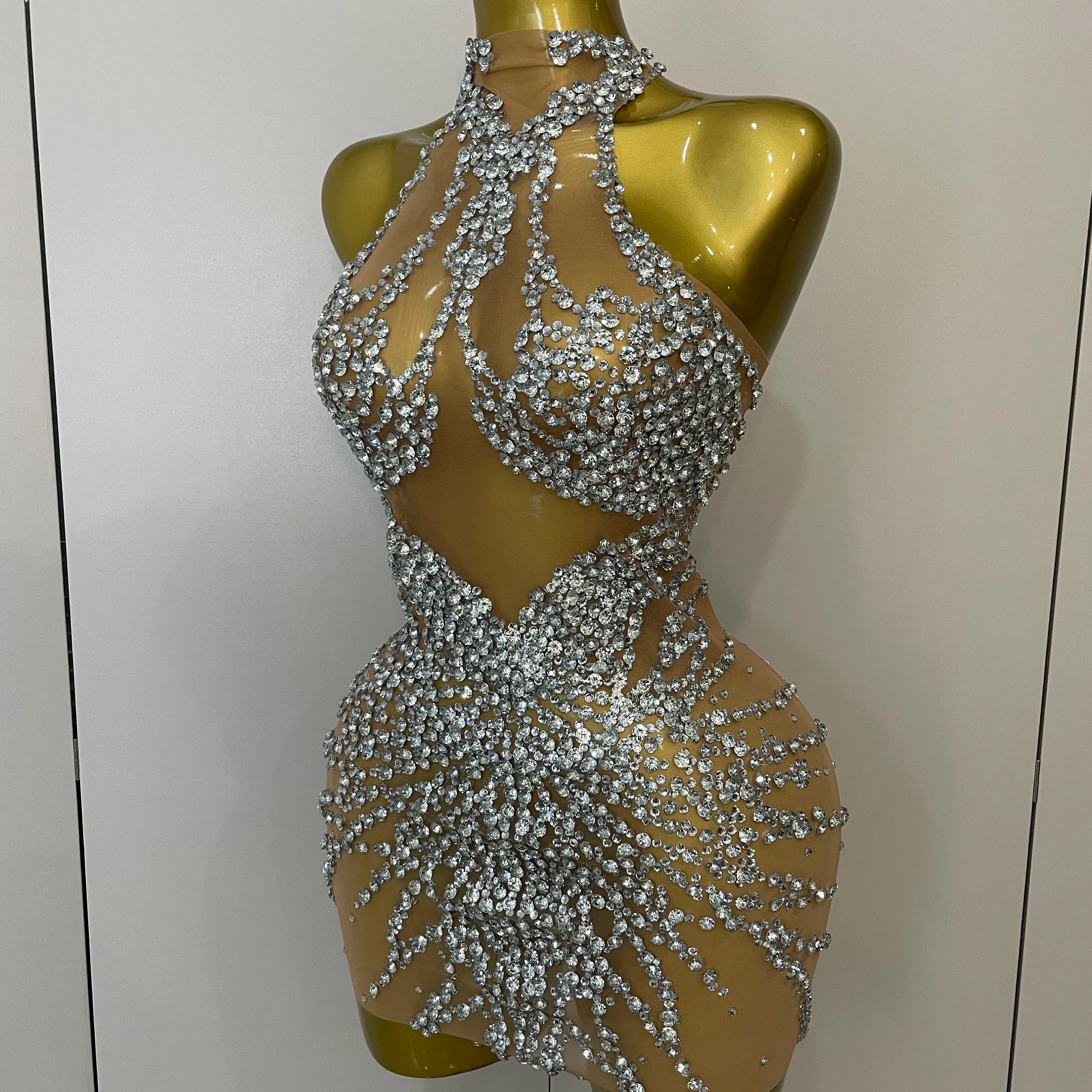 STOCK Sparkly Rhinestones Sexy Mesh See Through Dress Party Evening Prom Celebrate Birthday Dress Singer Dancer Show Stage Wear