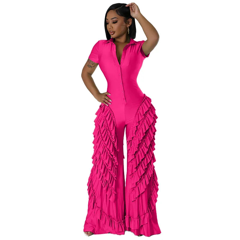 Fashion Women Mult Ruffles Short Sleeve Zipper Fly Wide Leg Shirt Jumpsuit 2024 Streetwear Romper One Piece Set Playsuit Rose Red