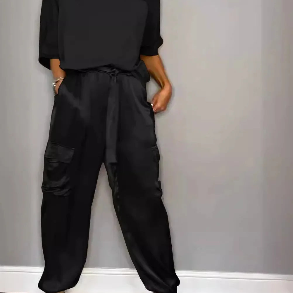 Summer Satin 2 Piece Set Women Casual Solid Color 2 Piece Outfit Half Sleeve Tops Loose Fit Pants Suit Two Piece Sets Black