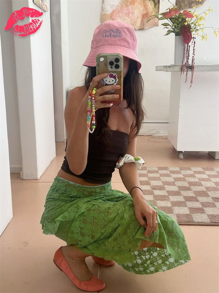 Tossy Lace Ruffled See-Through Maxi Skirt Women Slim Patchwork Party Holiday Women's Long Skirt Outfits Female Summer Maxi Skirt