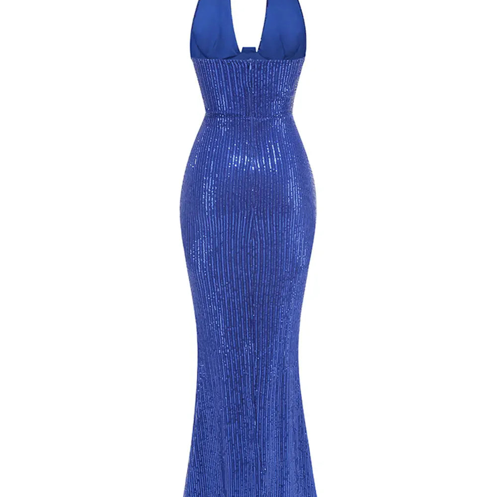 2024 Sexy Women's Maxi Red Sparkle Dress with Hanging Neck Sleeveless Bodycon Backless Long Dresses Evening Club Party Vestidos Blue