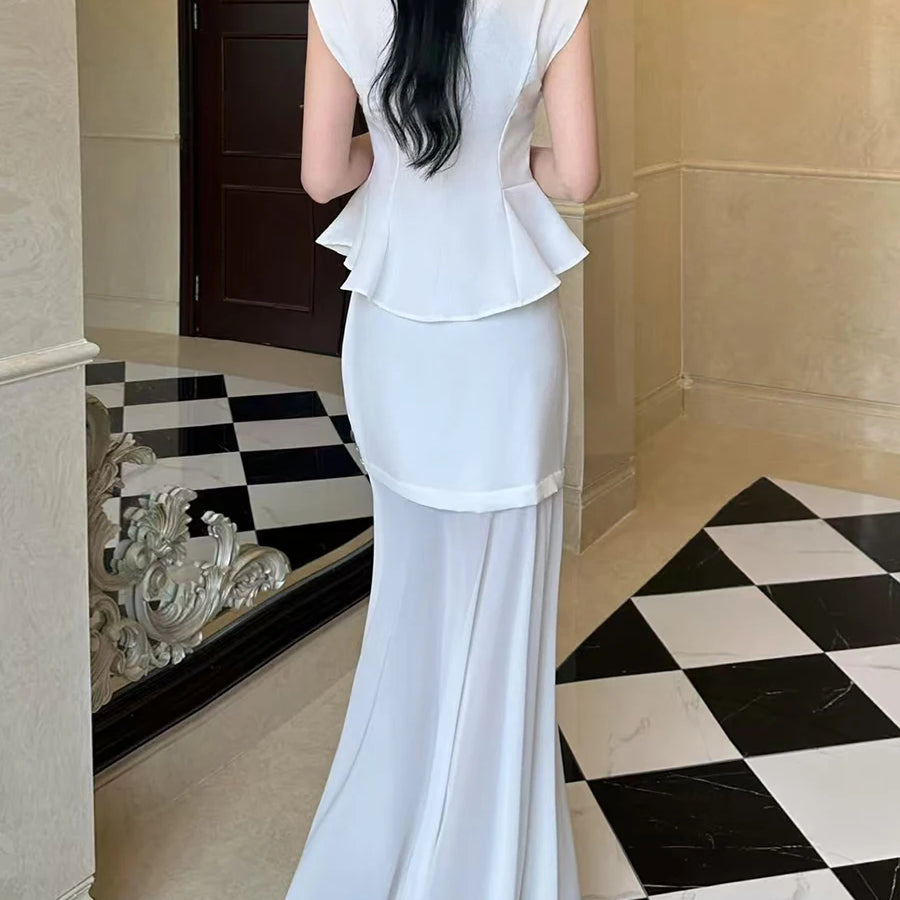 Solid Two Piece Sets for Women Round Neck Sleeveless Patchwork Sequin Vest High Waist Sheer Skirt Set Female New