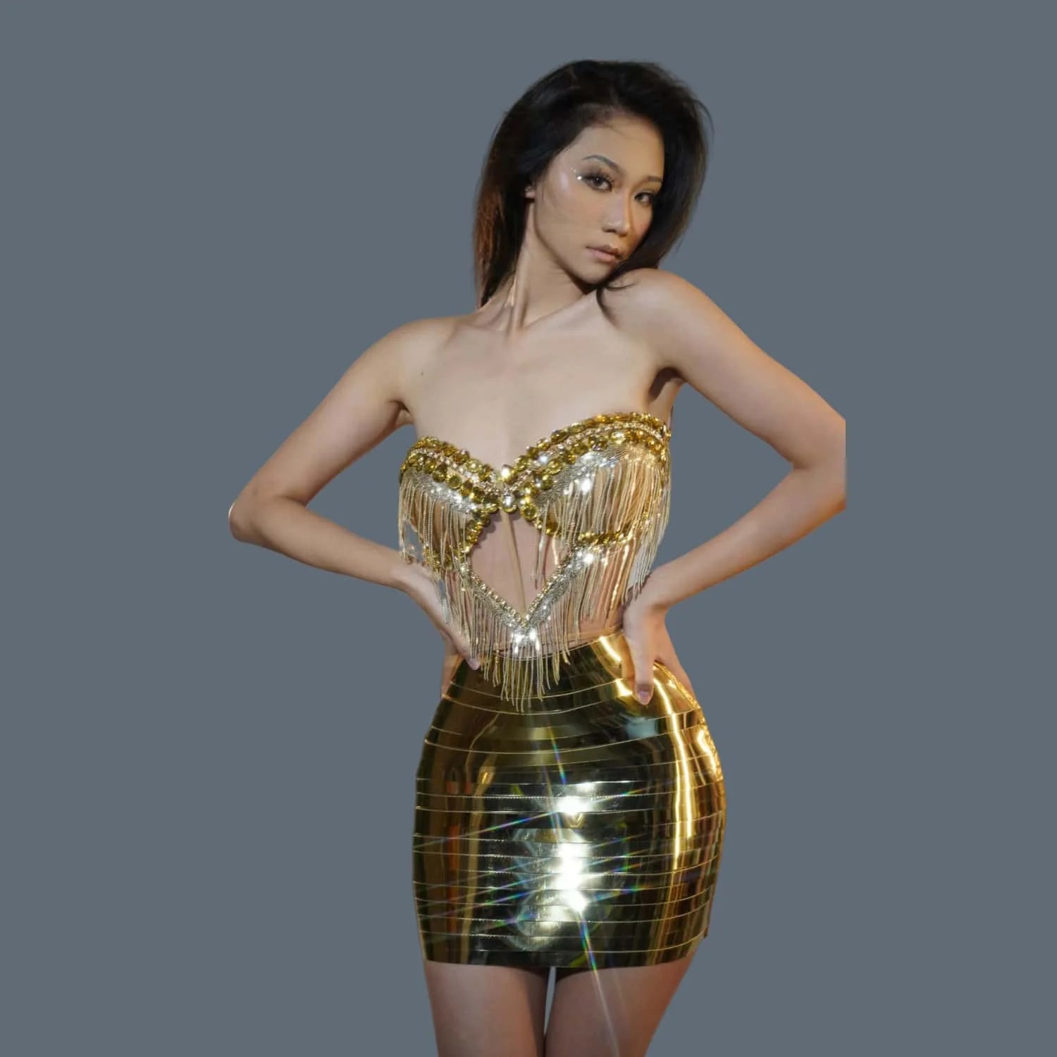 Sparkly Gold Sexy Top Two Pieces Short Skirt Set Women Celebrate Party NightClub Performance Dancer Show Stage Outfit Shengnv Gold One Size