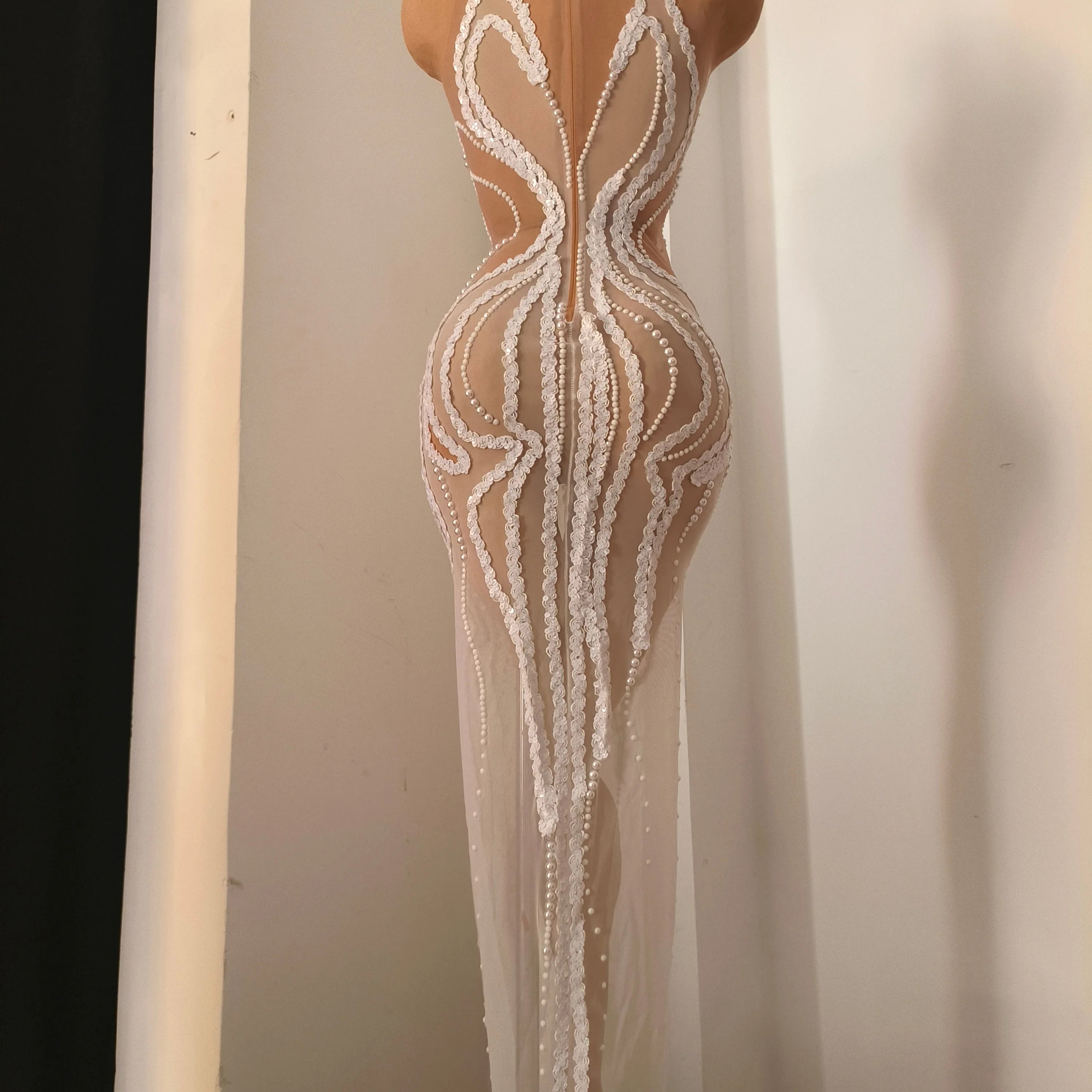 Refined White Sheer Mesh Maxi Dress Women Sexy High Neck Pearl Lace Bodycon Cocktail Nightclub Evening Gala Party Costume