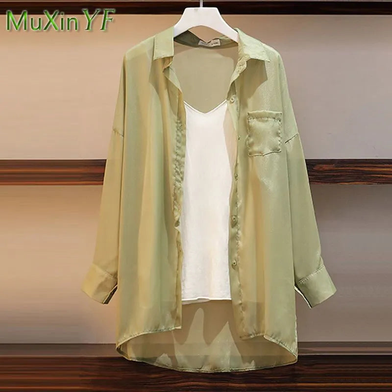 Women's Summer Matching Set 2024 New Fashion Chiffon Sunscreen Shirt+Tank Top+Denim Shorts 3 Piece Korean Elegant Jeans Suit