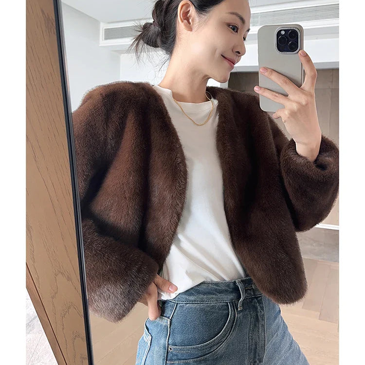 Autumn Winter Chic Luxury Soft Thick Warm Brown Faux Mink Fur Coat Women with Deep V Neck Long Sleeve Fluffy Jacket 2024