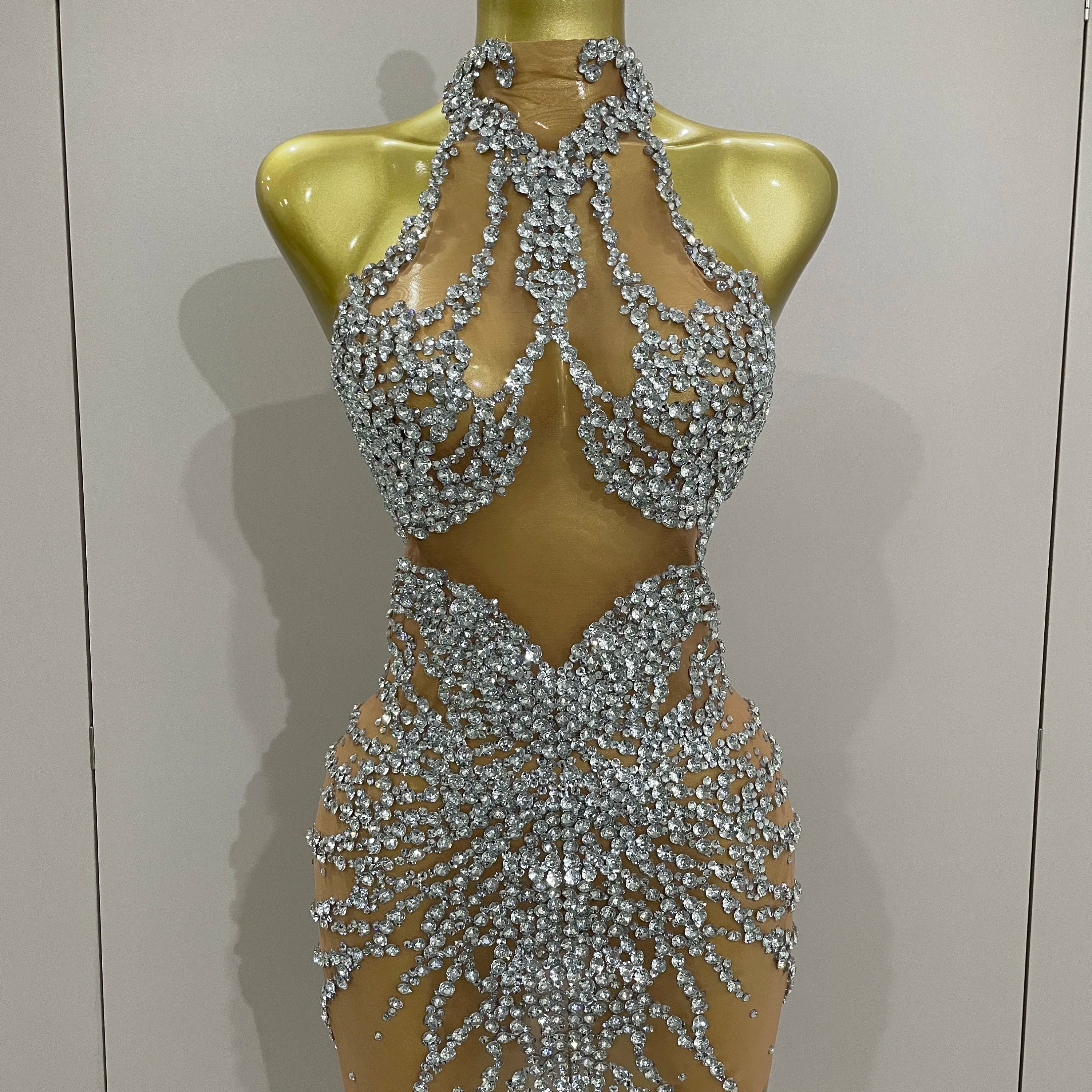 Luxury Sparkle Rhinestones Mesh Transparent Prom Dress 2025 New Women Sexy Birthday Celebrate Party Club Prom Outfit Bar Costume Silver