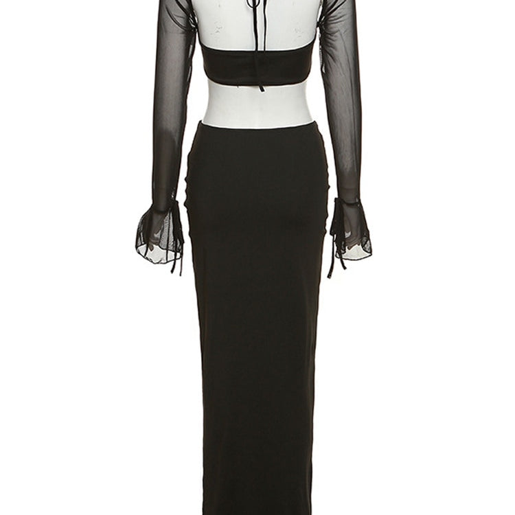 Townlike Yellow Backless Sexy Two Piece Set Lace Up Top Hollow Out Long Skirt Women Set Elegant Party 2 Piece Set Women Set