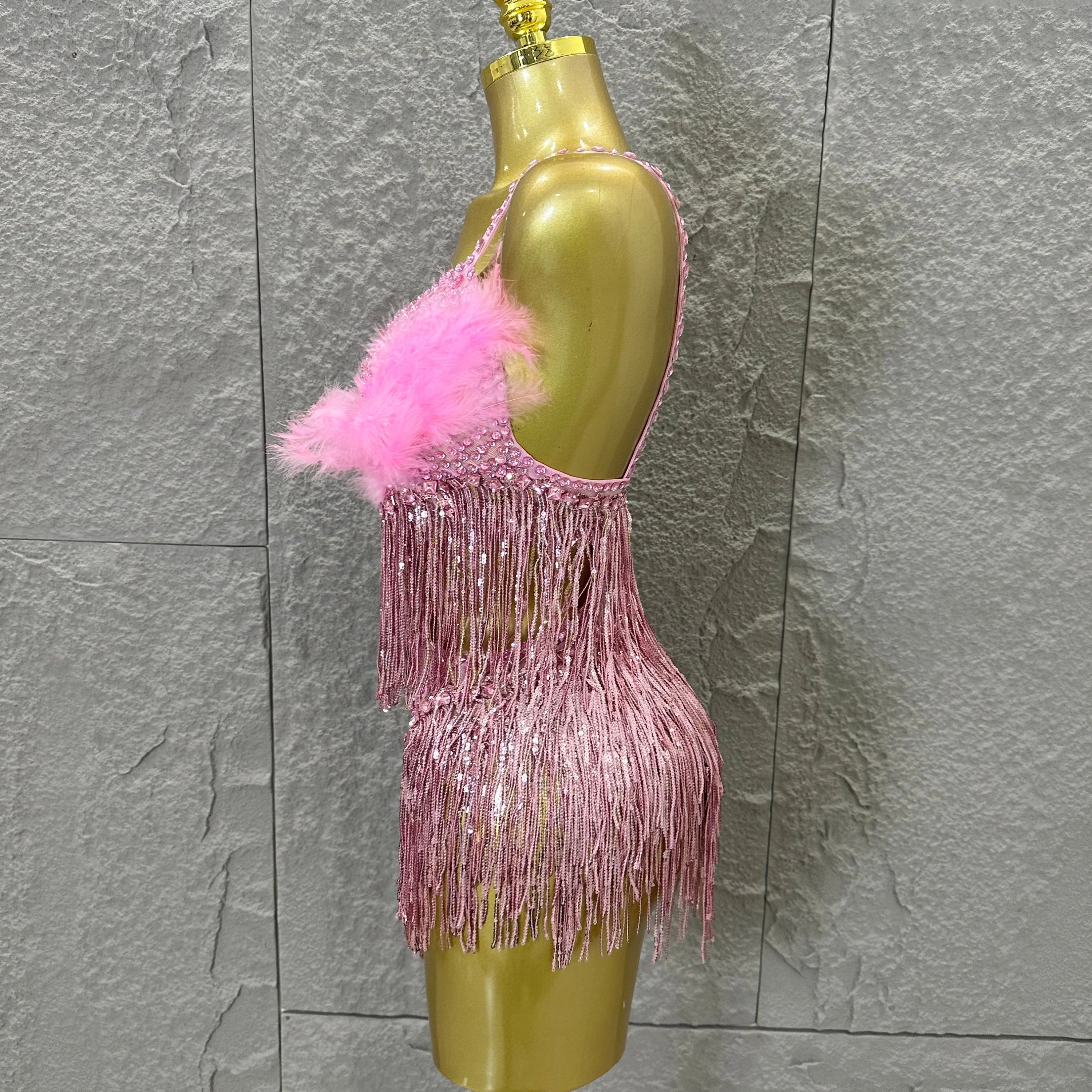 Opulent Pink Sparkly Rhinestone Feather Train Bodysuit Sexy Stage Performance Costume Singer Birthday Party Nightclub Outfit
