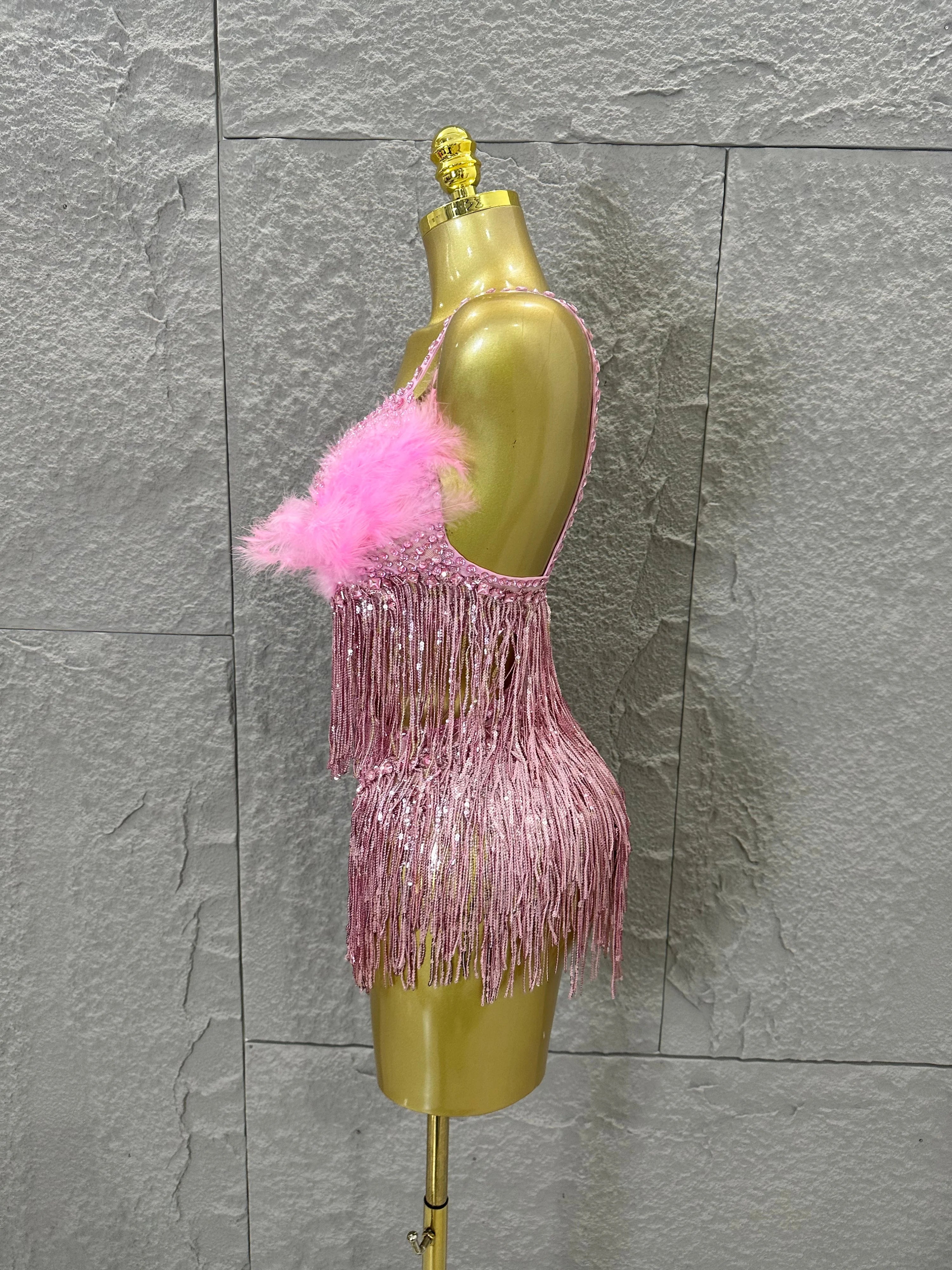 Opulent Pink Sparkly Rhinestone Feather Train Bodysuit Sexy Stage Performance Costume Singer Birthday Party Nightclub Outfit