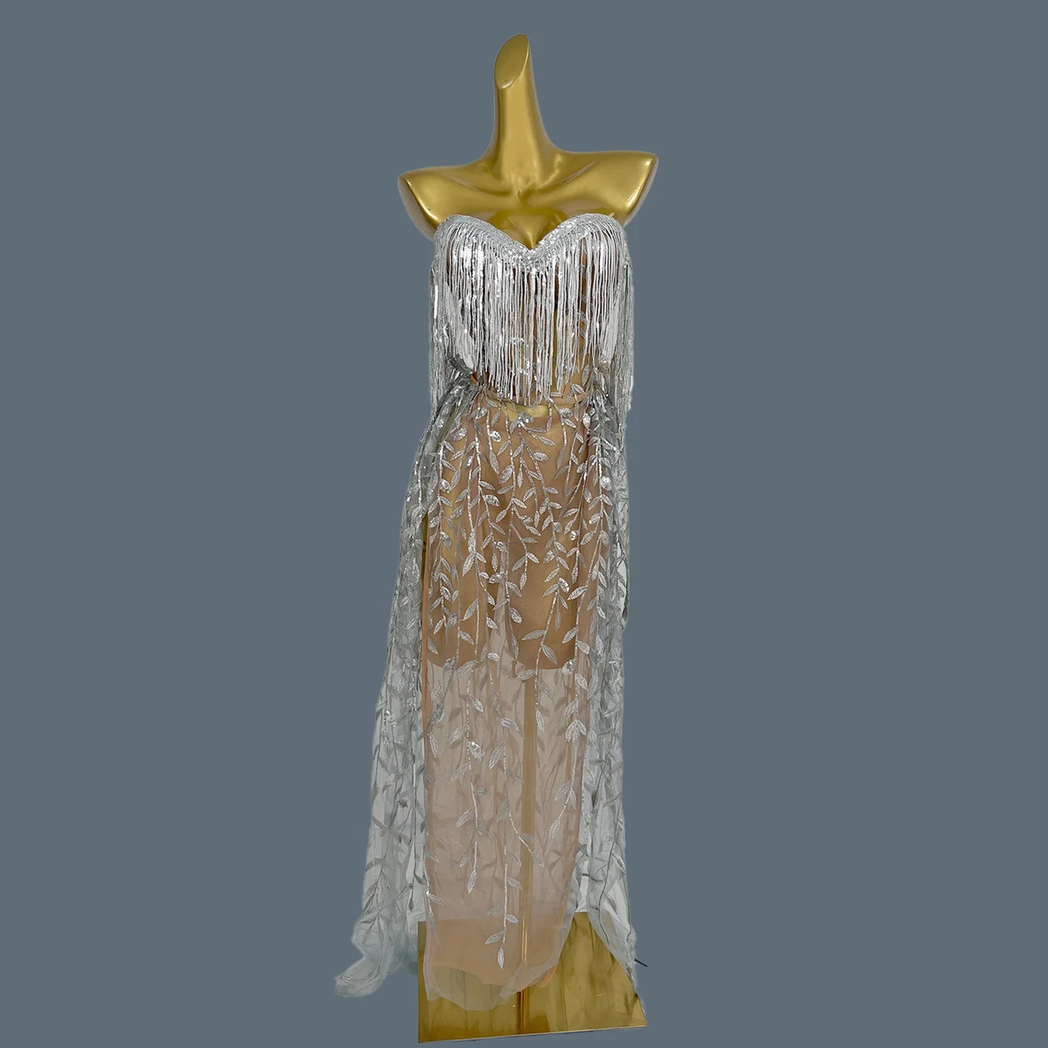 Fancy Sheer Mesh Evening Dress Arabic Women Birthday Party Dress Luxury Beaded Sequins Formal Occasion Sexy Prom Dresses Liushu Silver One Size