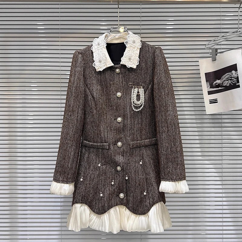 Winter New Fashion Temperament Style Chiffon Edge Bead Chain Brooch Cotton Inner Dress For Women Long Coat 11A07867 Brown