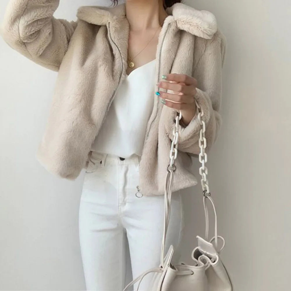 Thickened Flap Collar Warm Furry Jacket Artificial Fur Short Style Rabbit Fur Top Hot Sale Of The Season Autumn Winter New St... APRICOT