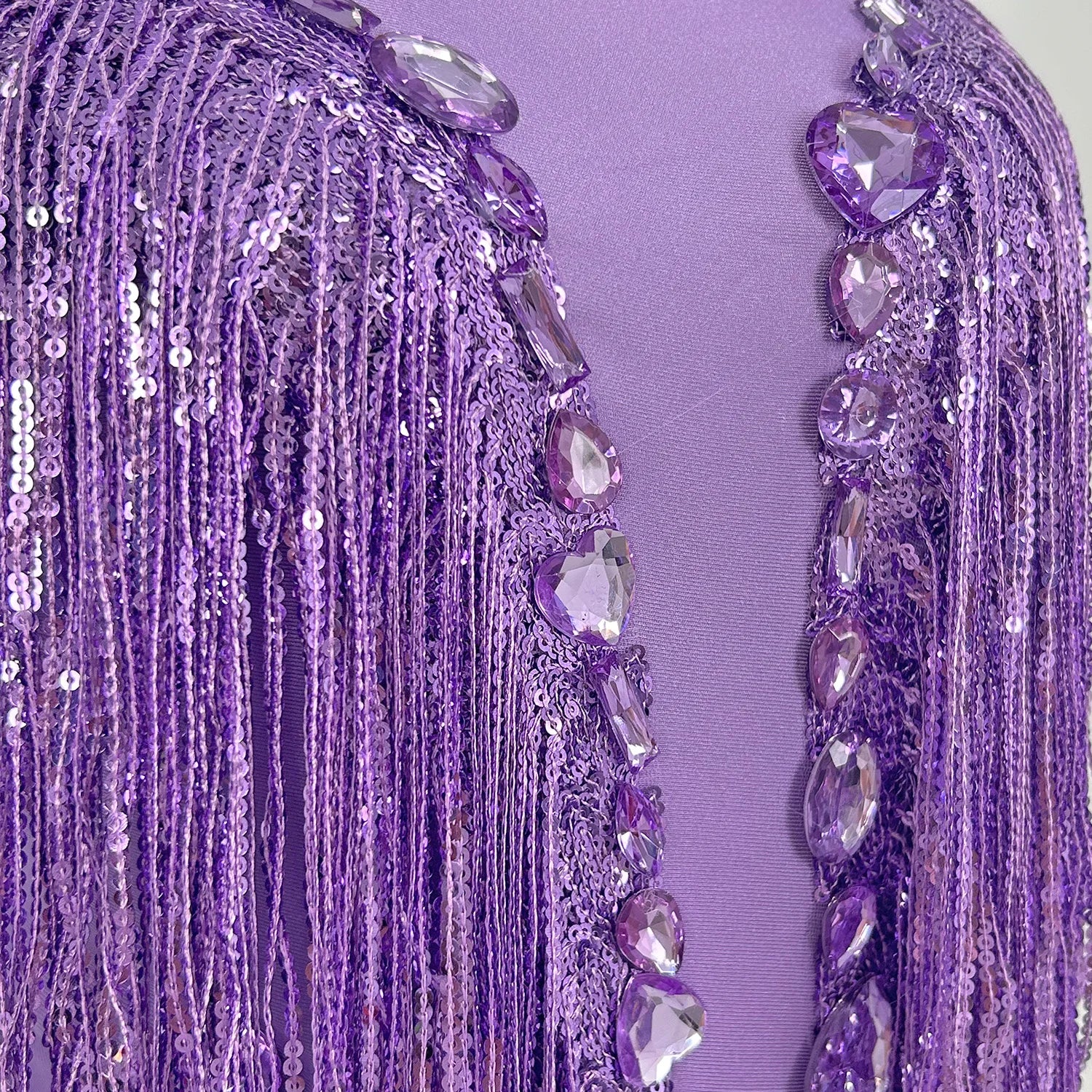 Shining Purple Fringes Luxury Diamonds Bodysuit Women Sexy Stretch Spandex Nightclub Stage Performance Dance Outfit Shuye