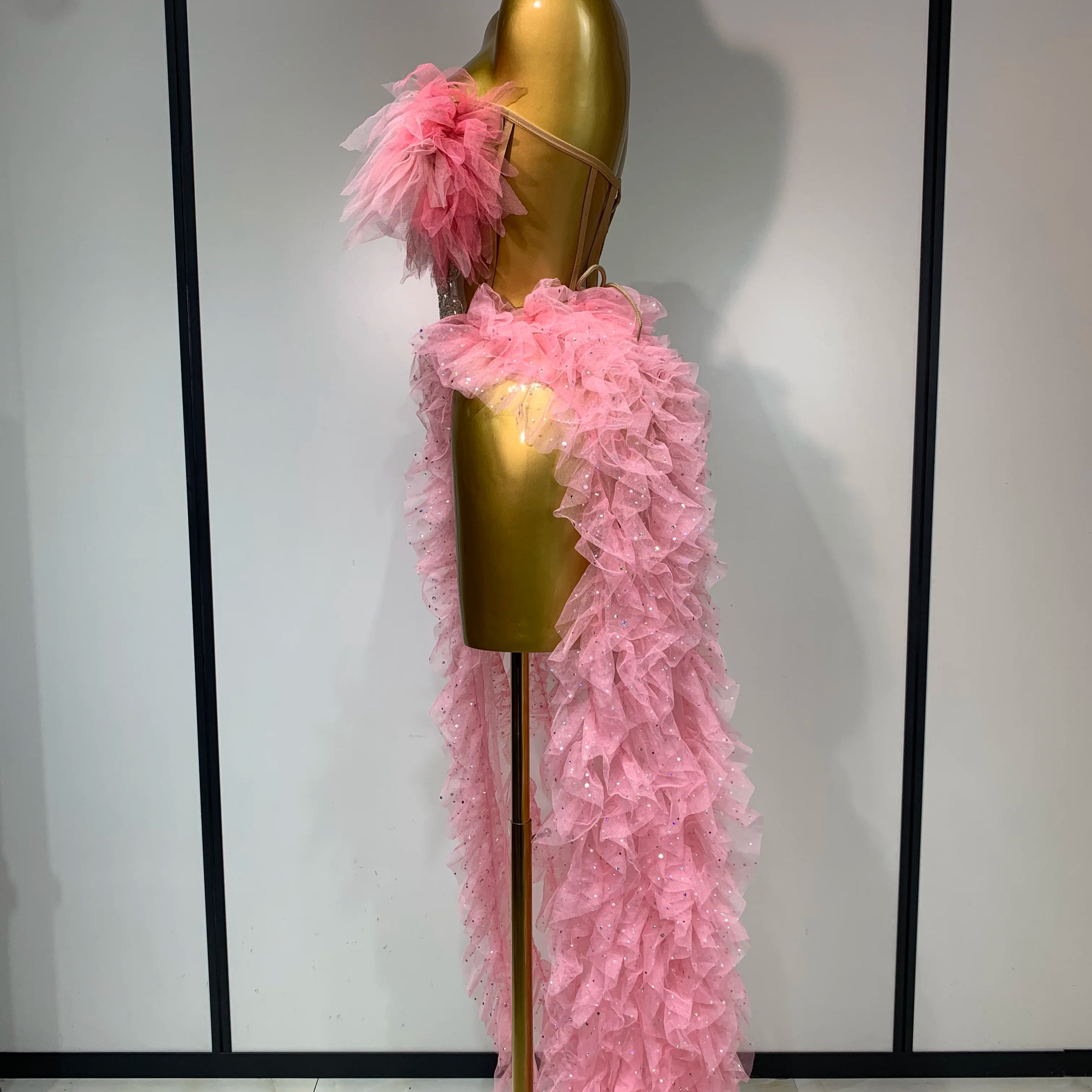 Women Sexy Strapless Ruffles two Pieces Set Bodycon Long Dress High Split Fashion Nightclub Party Birthday Singer Stage Outfit