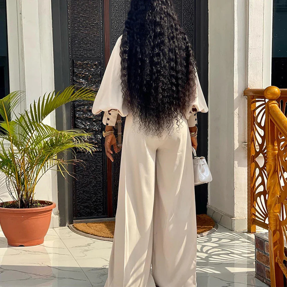 Autumn New Women Large Size Loose And Elegant Half High Collar Fashionable Long Sleeved Tops Wide Leg Pants Casual Two Piece Set