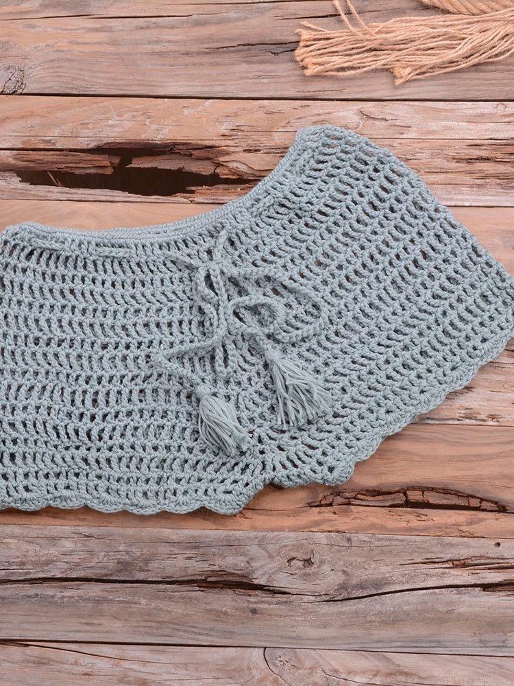 Crochet Hollow Out Tassel Beach Cover Up Sexy Women Mini Tops Beachwear Bikini Swimwear Bathing Suit Cover Up Lake Green Bottom One Size