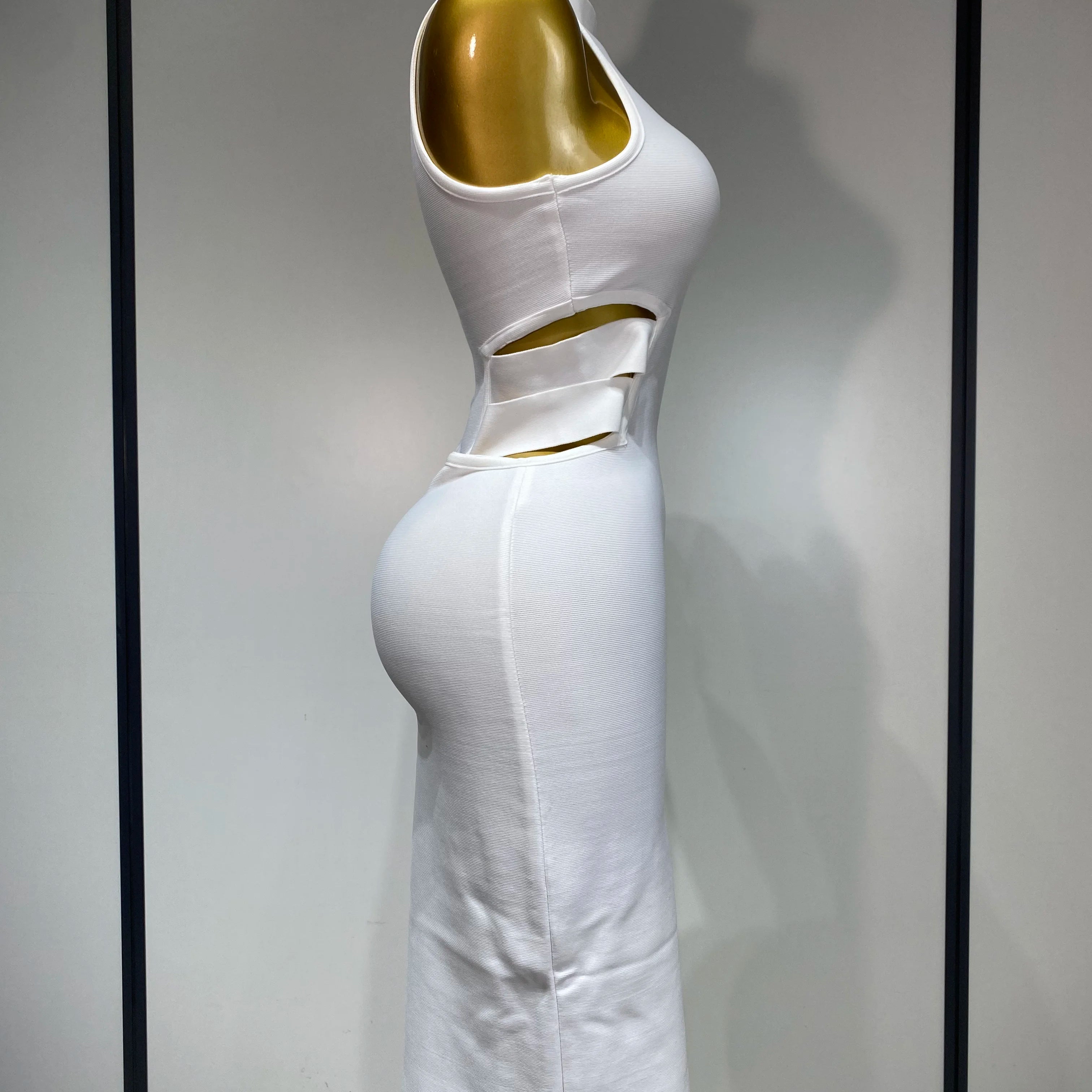 Women Sexy Turtleneck White Cut Out Midi Bodycon Bandage Dress 2025 White Elegant Evening Party Dress Luxury Birthday Dress