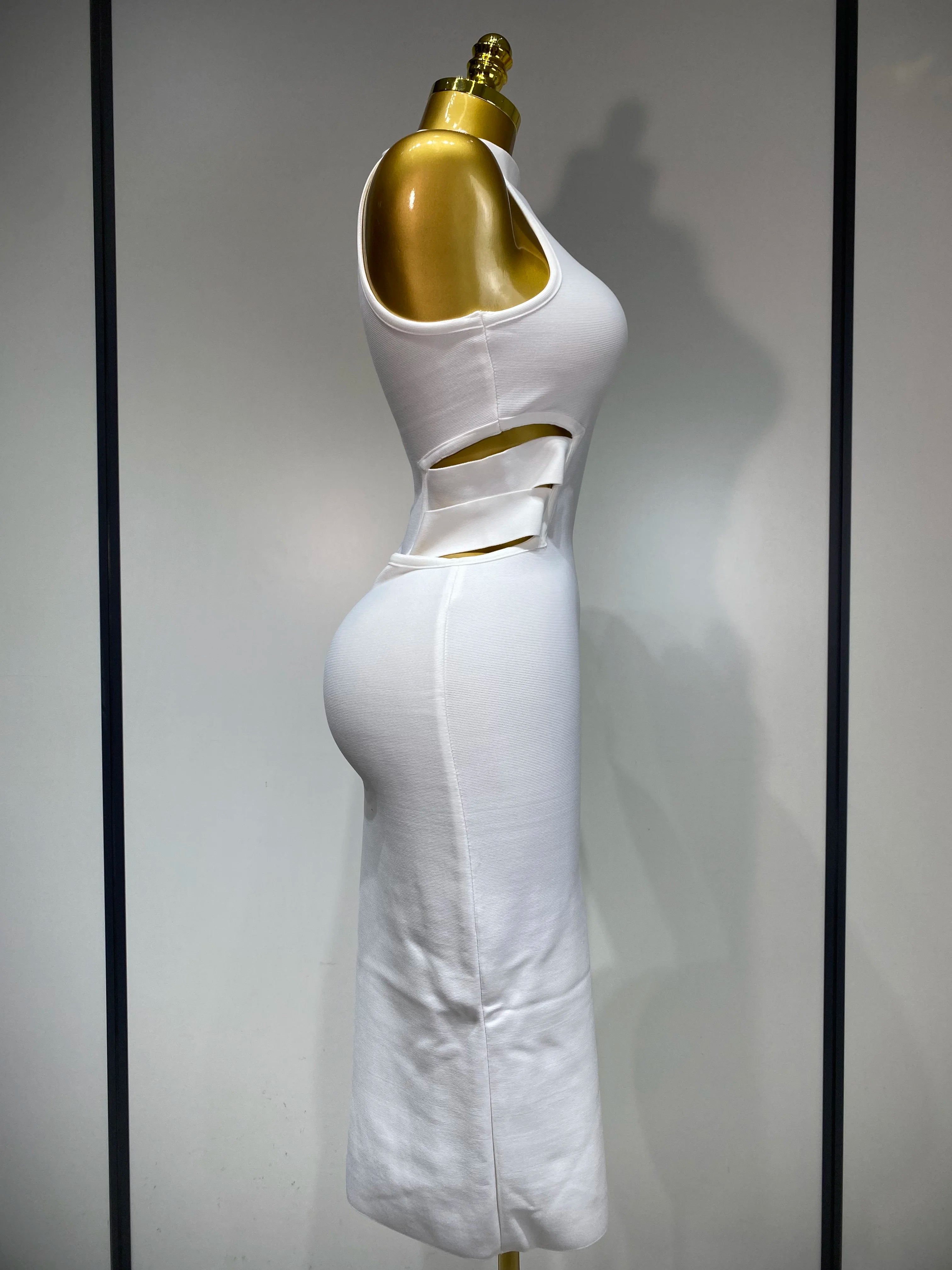 Women Sexy Turtleneck White Cut Out Midi Bodycon Bandage Dress 2025 White Elegant Evening Party Dress Luxury Birthday Dress