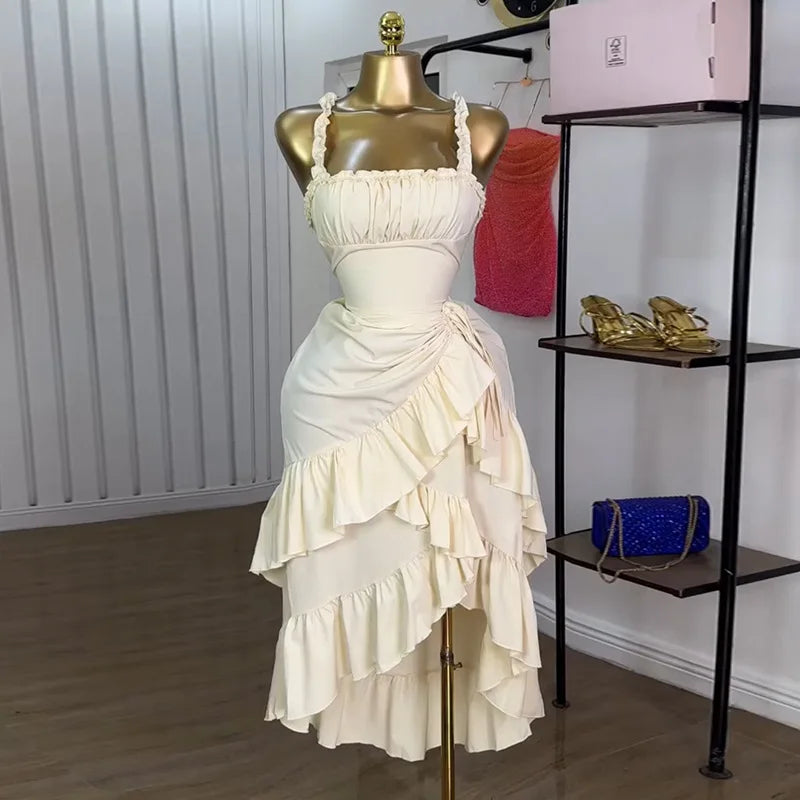 Women Strap Slash Neck Cascading Ruffles Drawstring Ruched Up Long Maxi Dress 2025 Birthday Evening Sexy Dresses Vestido creamy-white