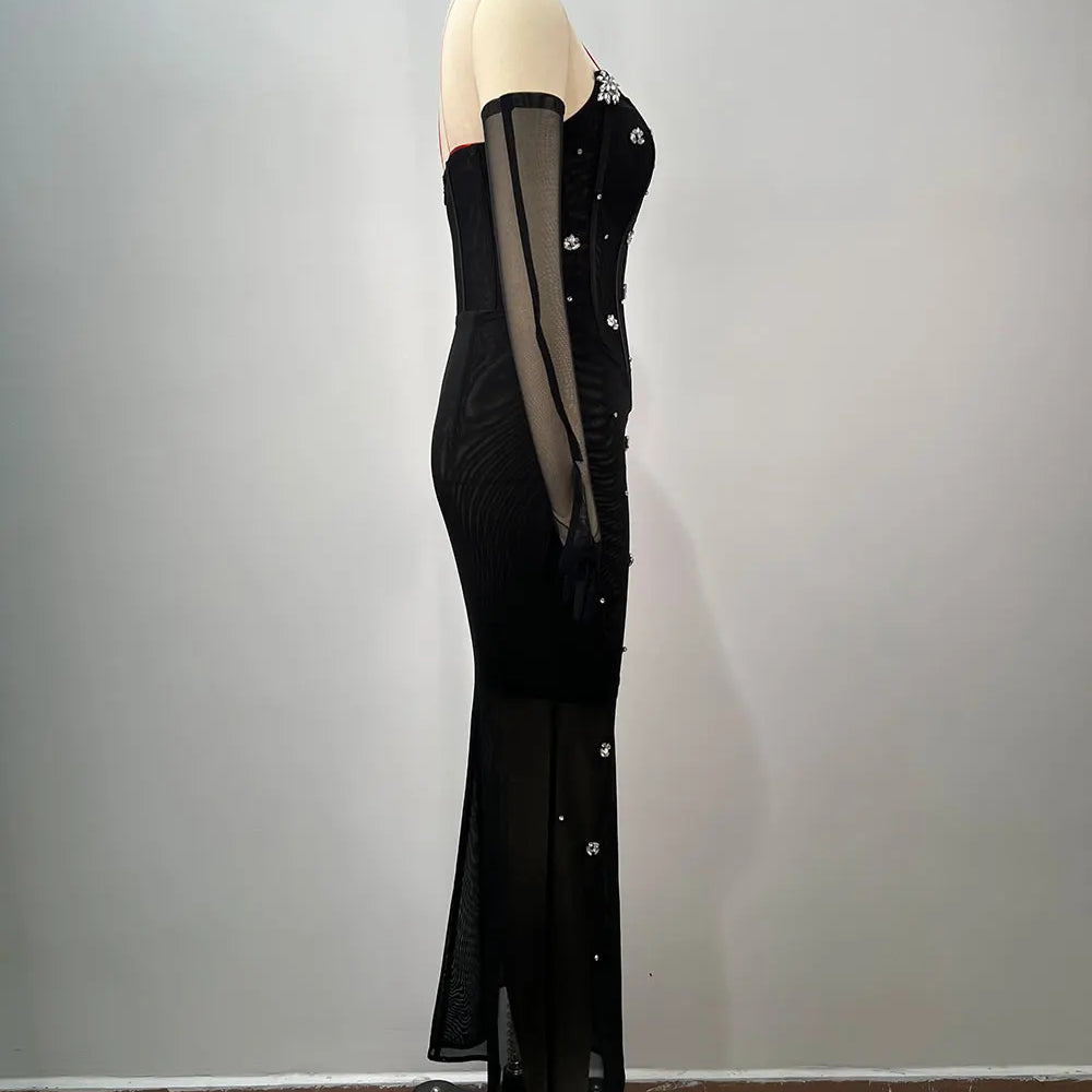 2025 Women'S Light Luxury Nail Bead Chiffon Dress Strapless Sleeveless Glove Design Bodycon Backless Black Long Dresses Vestidos