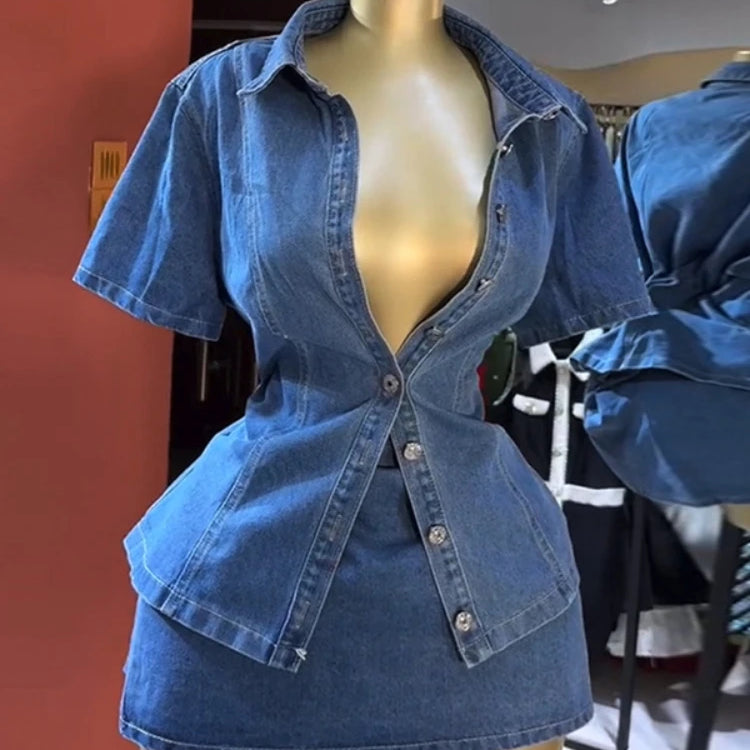 CM.YAYA Vintage Denim Women's Set Half Sleeve Shirt Blouse and A-line Midi Mini Skirts Suit 2025 Summer Two 2 Piece Sets Outfits