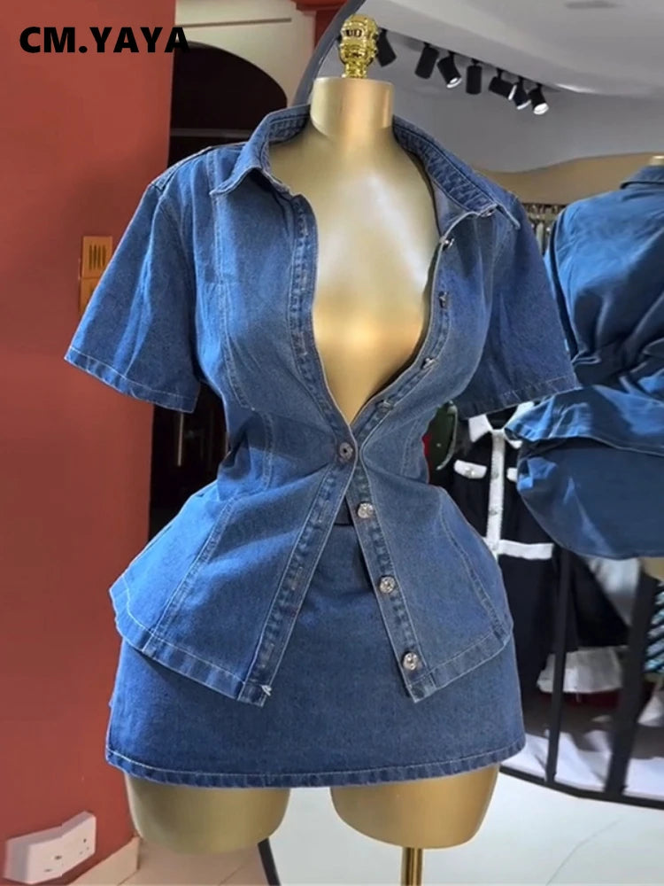 CM.YAYA Vintage Denim Women's Set Half Sleeve Shirt Blouse and A-line Midi Mini Skirts Suit 2025 Summer Two 2 Piece Sets Outfits