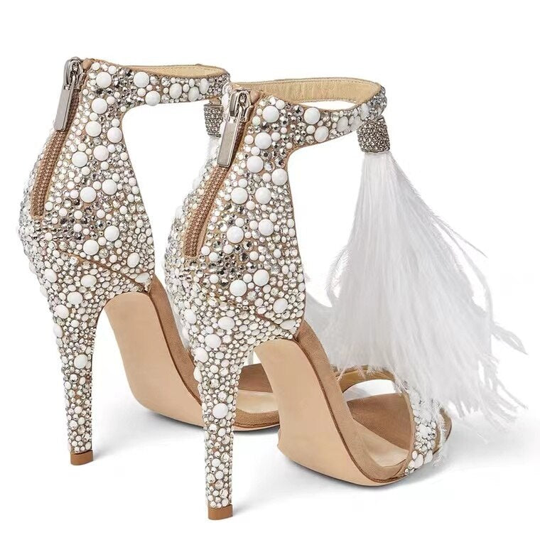 Rhinestone Feather Tassel High Heels Crystal Shoes Sandals Women&amp;#39s Stiletto Sexy Wedding Bridal Shoes Wedding Shoes Sandal