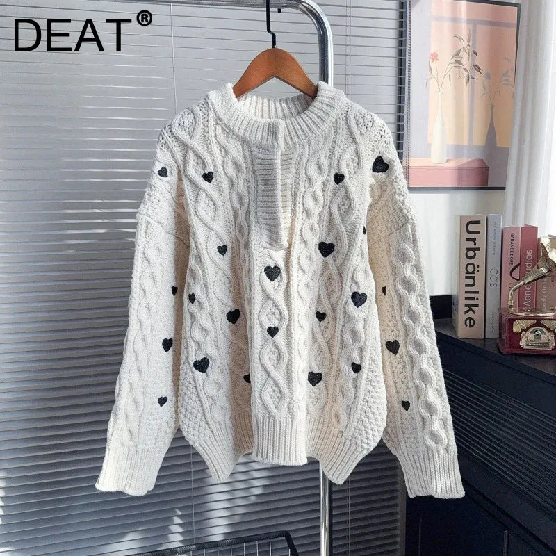 Autumn Winter New Fashion Heart Twist Sweater For Women Long Sleeve Loose Versatile Design Knitted Top Female 11A07872