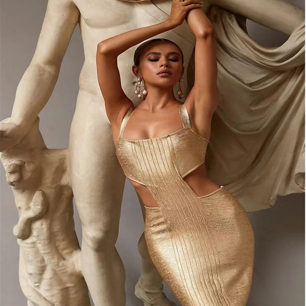 Celebrity 2024 New Foiling Gold Silver Print Rayon Bandage Dress Elegant Evening Party Dress Vestidos