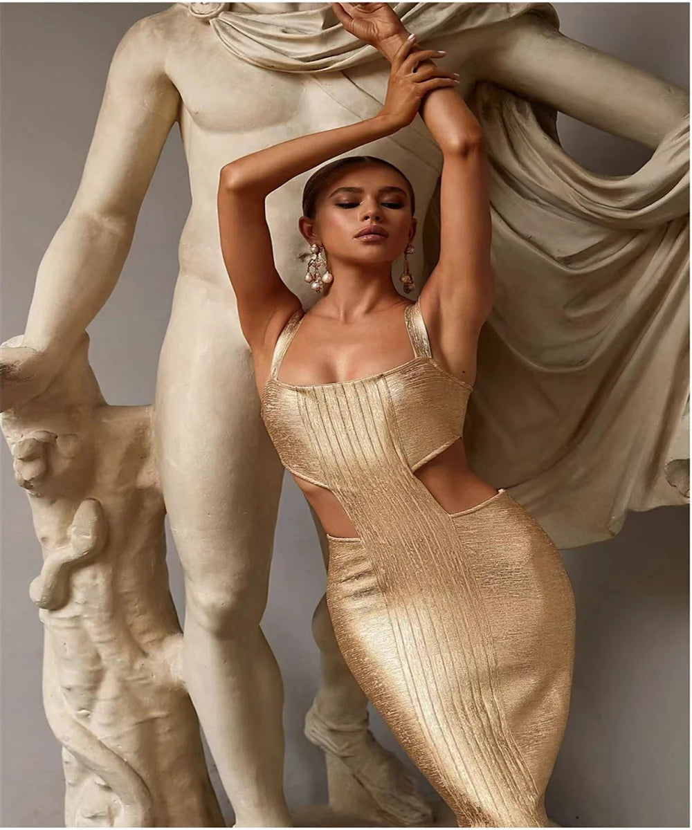 Celebrity 2024 New Foiling Gold Silver Print Rayon Bandage Dress Elegant Evening Party Dress Vestidos