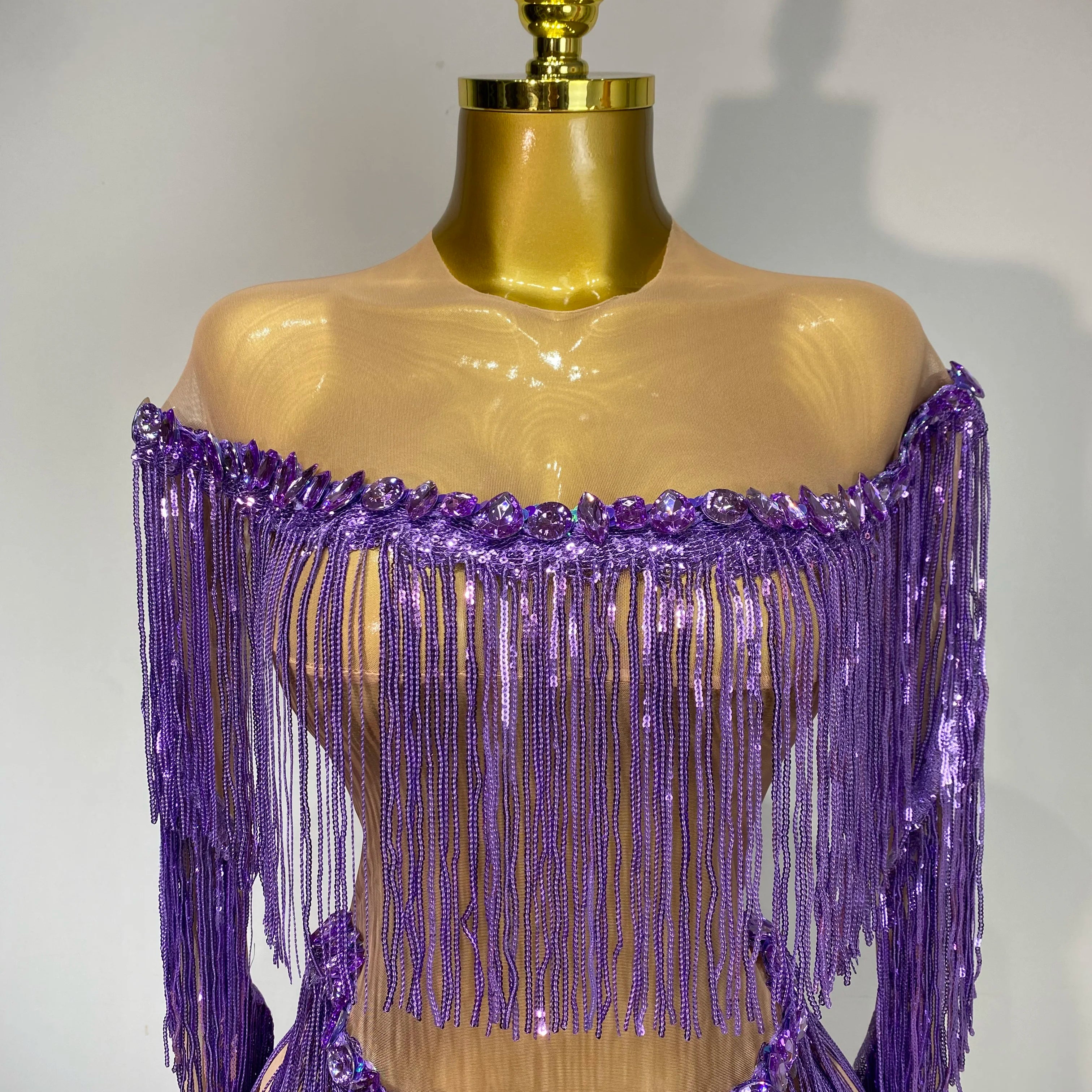 Sparkly Tassel Rhinestones Long Sleeves Sexy Stretch Mesh See Through Bodysuit Women Nightclub Stage Singer Perform Costume