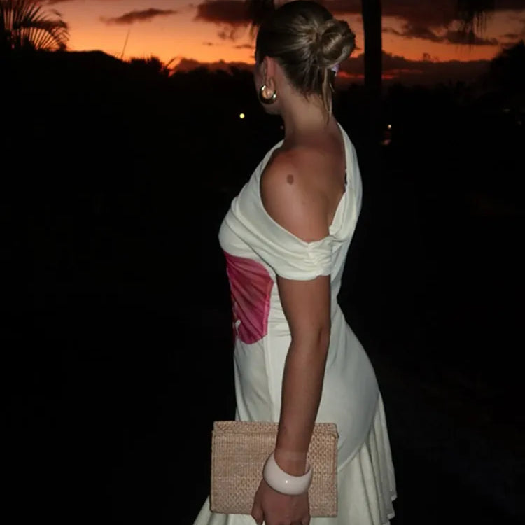 Lady Irregular Pleat Hem Print Dress Fashion Off Shoulder Ruffle Hem Mesh High Slit Vestido Summer Church Dresses For Woman 2025