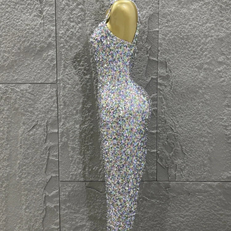 Colorful Sequins Women Sexy Strapless Bodycon Long Dress Necklace Celebrate Evening Party Nightclub Party Bar Singer Outfit