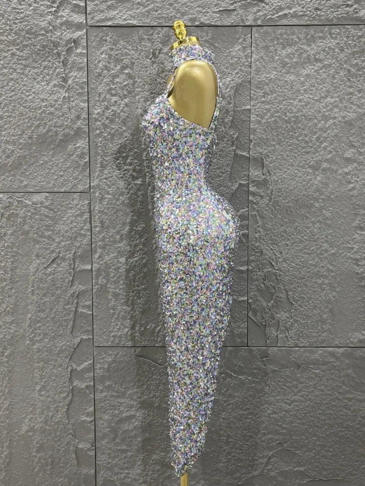 Colorful Sequins Women Sexy Strapless Bodycon Long Dress Necklace Celebrate Evening Party Nightclub Party Bar Singer Outfit