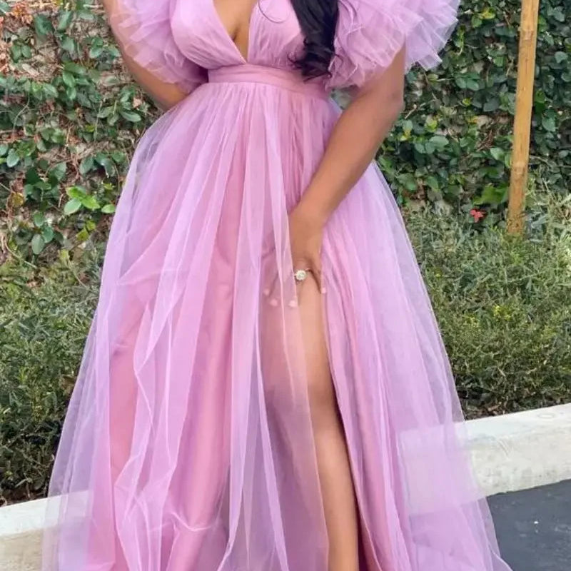 Women Cascading Ruffles Shoulder High Side Split Mesh Patchwork Maxi Long Dress 2023 sexy even Party Vestidos Dresses Pink